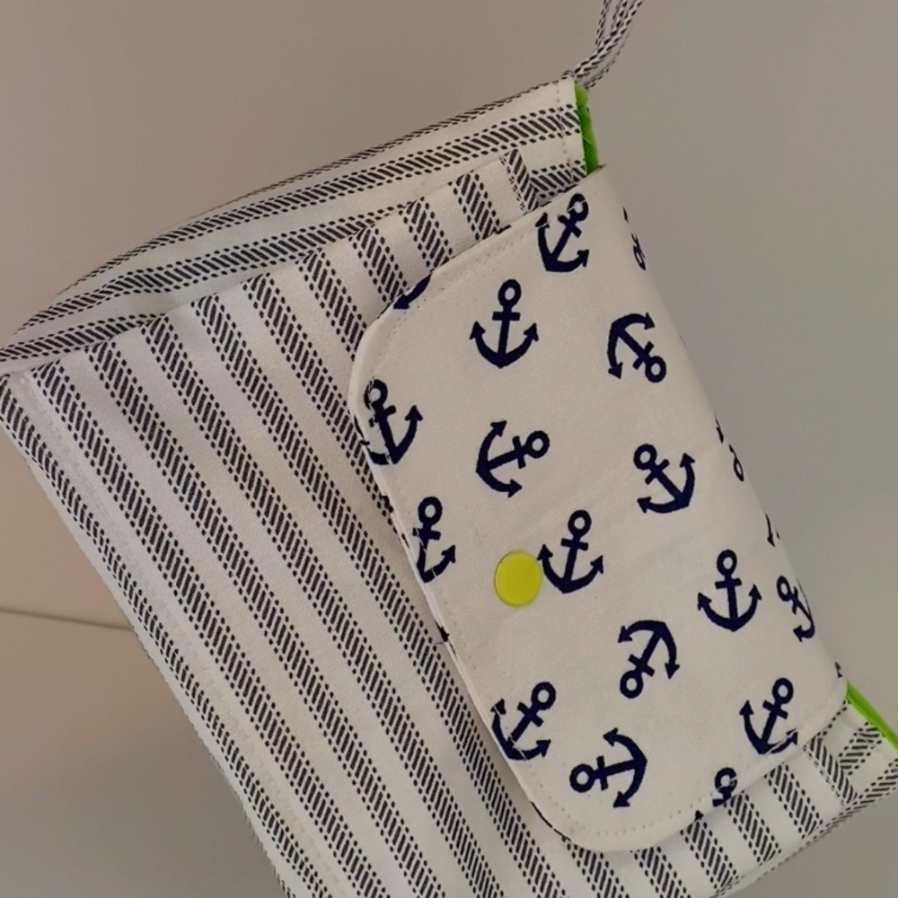Kids Nautical Anchor Fabric Bag in White and Navy with Lime Accent